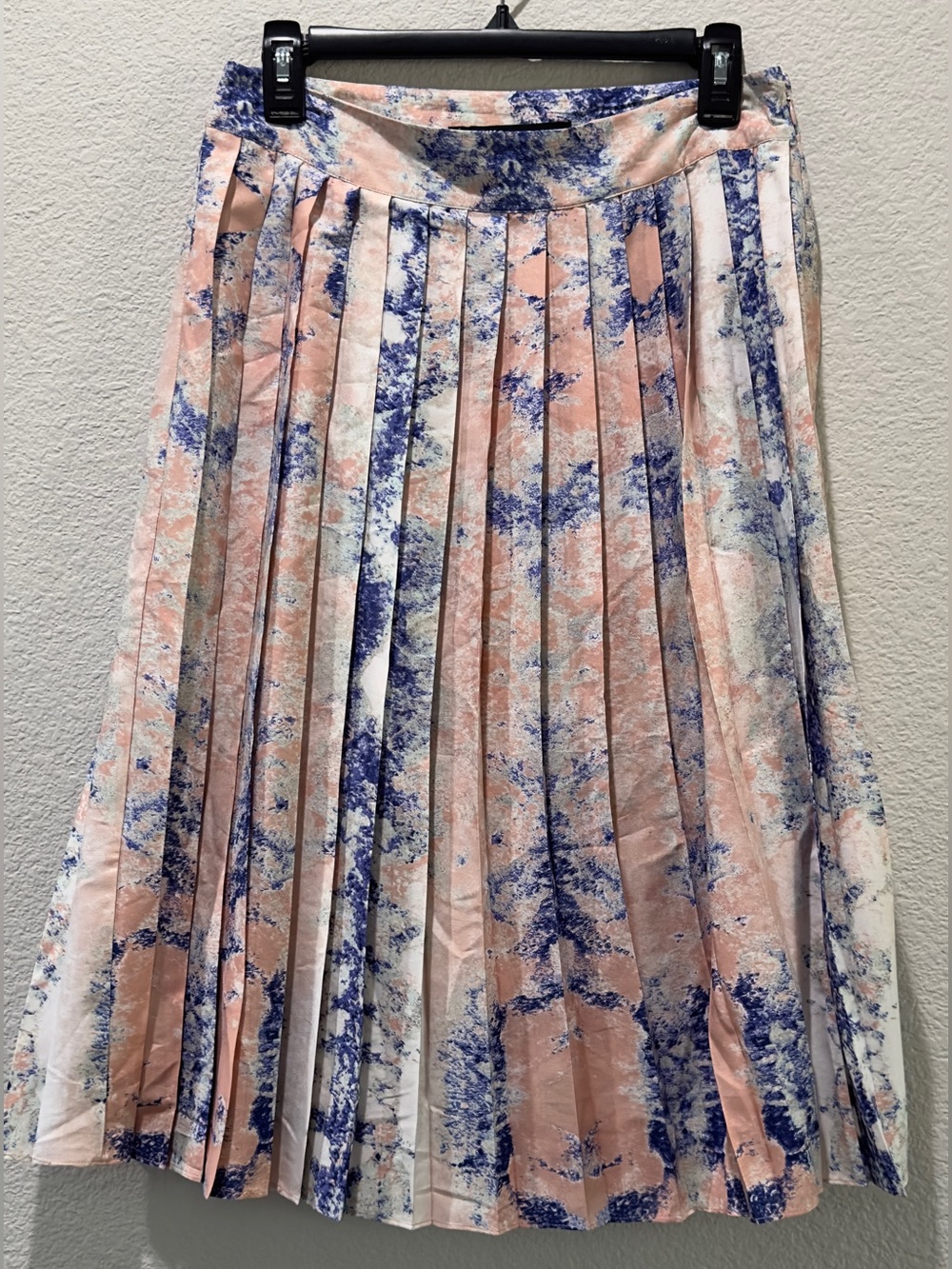 W118 by Walter Baker Pleated A-Line Skirt in Peach and Blue Marble Print